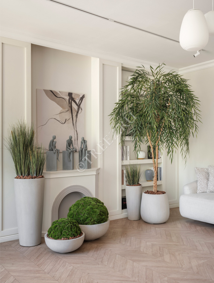 Сет № 43 - Композиция с Ивой и Шарами из Мха в кашпо Treez Effectory Beton Белый песок фото